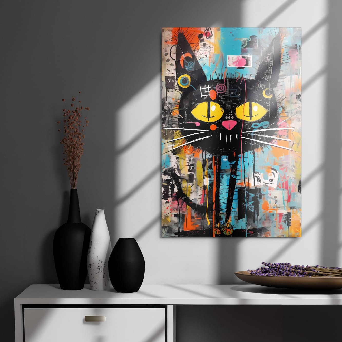 "Yellow-Eyed Stray" glossy metal poster 20"x30" on modern gray wall above console decor with window-light shadows, graffiti black cat with bright yellow eyes, pink nose, and colorful paint-drip collage background, by GiveMeMood