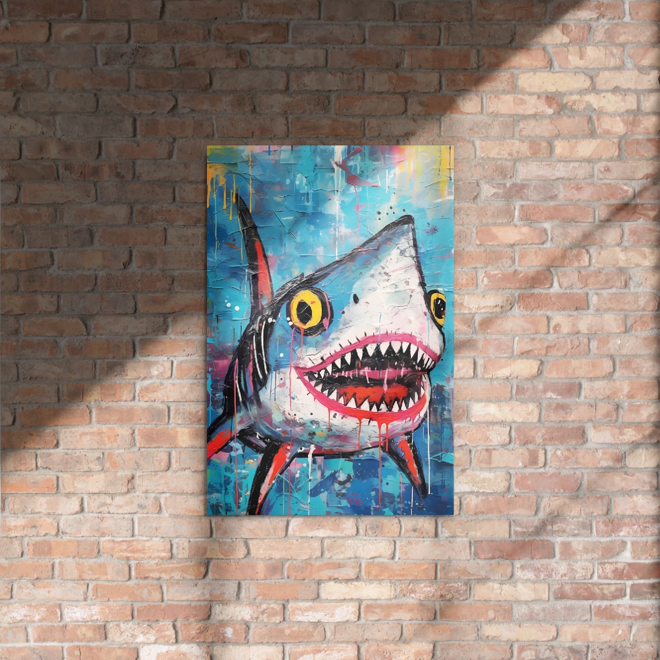 "Neon Predator" glossy metal poster 20"x30" on rustic brick wall with sun shadows, vibrant graffiti shark wall art with wide open jaws, sharp white teeth, yellow eyes, and teal-blue paint-splatter background, by GiveMeMood