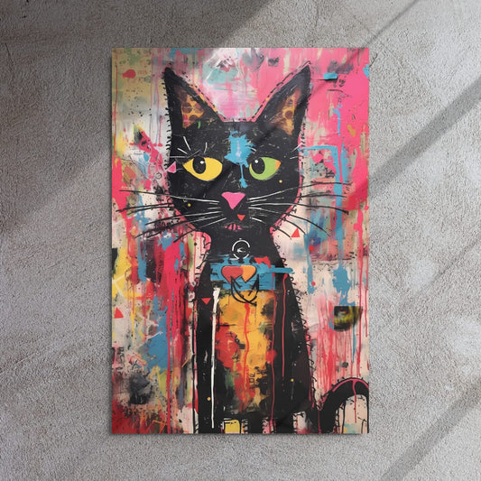 "Whisker Riot" glossy metal poster 24"x36" on textured concrete wall with diagonal window-light shadows, urban graffiti black cat artwork with yellow-green eyes and layered paint drips, by GiveMeMood