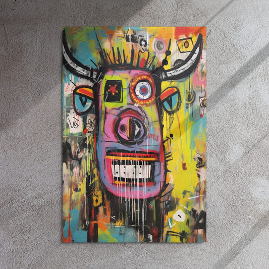 "Horned Head" abstract expressionist longhorn art print 24″×36″ leaning on gray concrete floor with dramatic natural sunlight creating artistic shadows and highlights by GiveMeMood