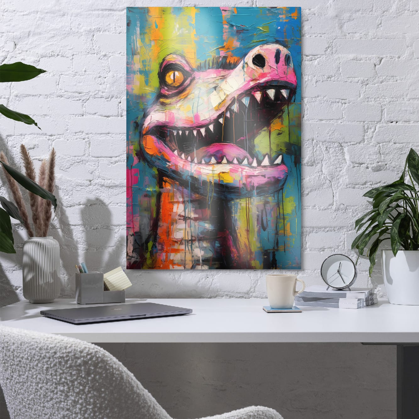 "Gator Grin" glossy metal poster 24"x36" in a home office above desk on white brick wall, vibrant graffiti crocodile portrait with open jaws, jagged teeth, neon pink snout, and teal-lime textured paint, by GiveMeMood