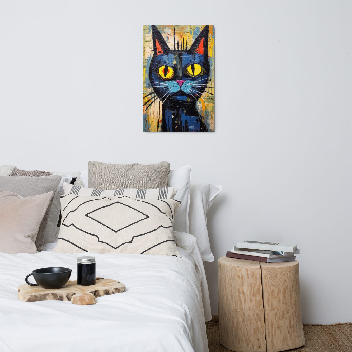 "Saffron Eyes" glossy metal poster 20"x30" above bed in a modern bedroom, pop-art graffiti cat wall art with bright yellow eyes, blue face, paint drips, and textured abstract background, by GiveMeMood