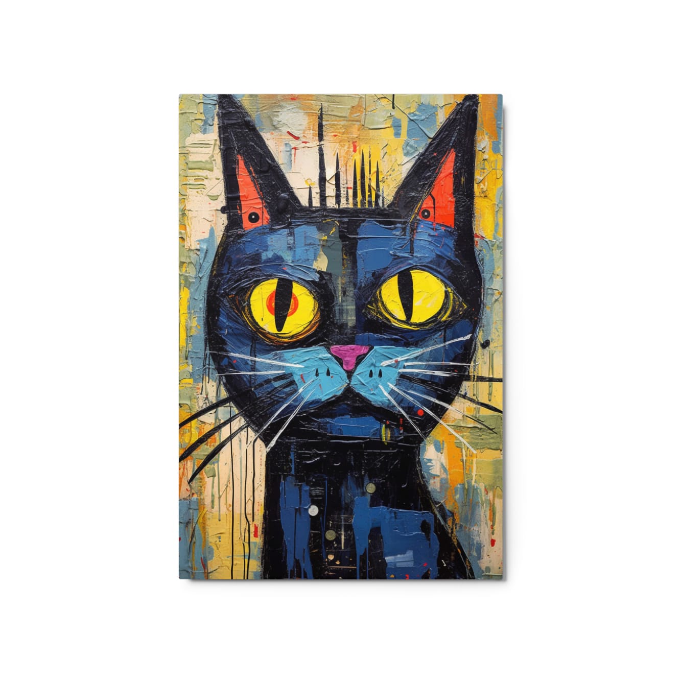 "Saffron Eyes" glossy metal poster 20"x30" product photo on white background, close-up graffiti cat portrait with saffron-yellow eyes, turquoise whisker pads, and layered grunge paint textures, by GiveMeMood
