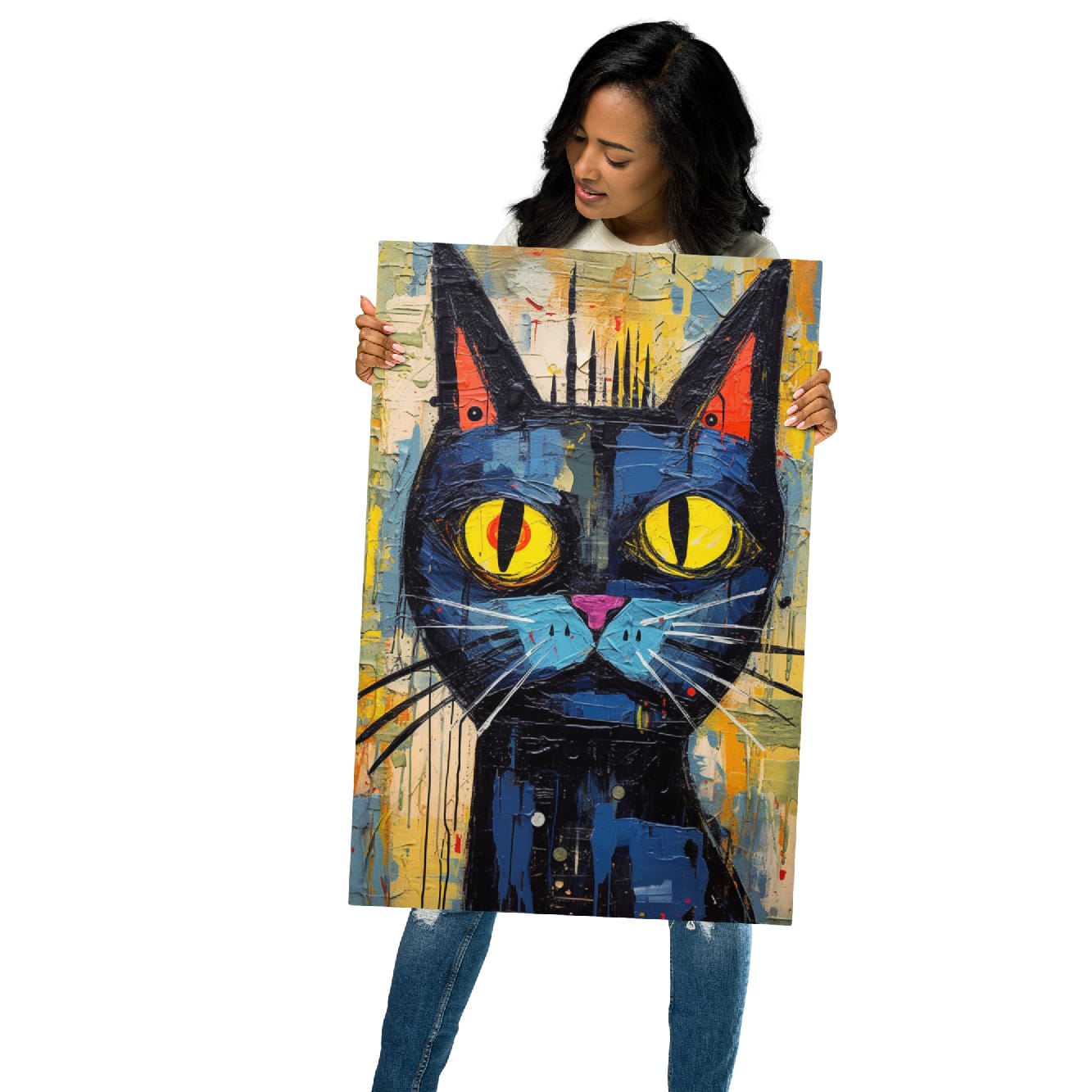 "Saffron Eyes" glossy metal poster 20"x30" held by model, oversized street-art cat print with saffron eyes, bold blue-black outlines, pink nose, and scraped mixed-media texture, by GiveMeMood