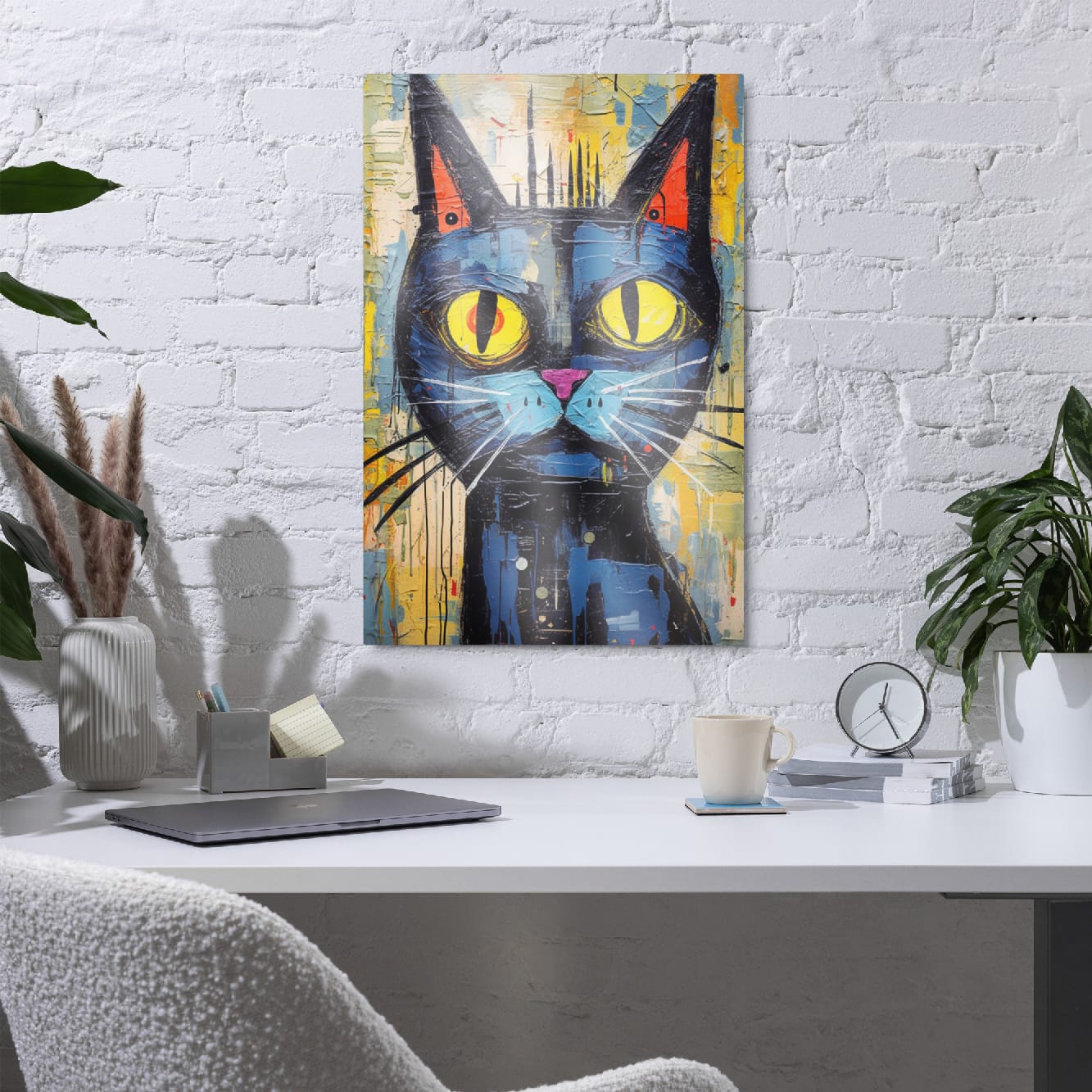 "Saffron Eyes" glossy metal poster 20"x30" in a home office above desk on white brick wall, modern pop-art cat wall decor with bright yellow eyes and distressed abstract paint layers, by GiveMeMood