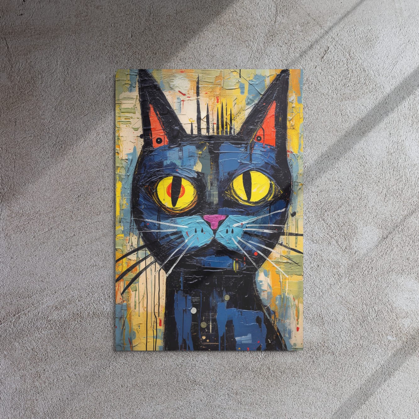 "Saffron Eyes" glossy metal poster 20"x30" on textured concrete wall with diagonal light shadows, urban graffiti blue cat portrait with saffron eyes, paint drips, and rough layered texture, by GiveMeMood