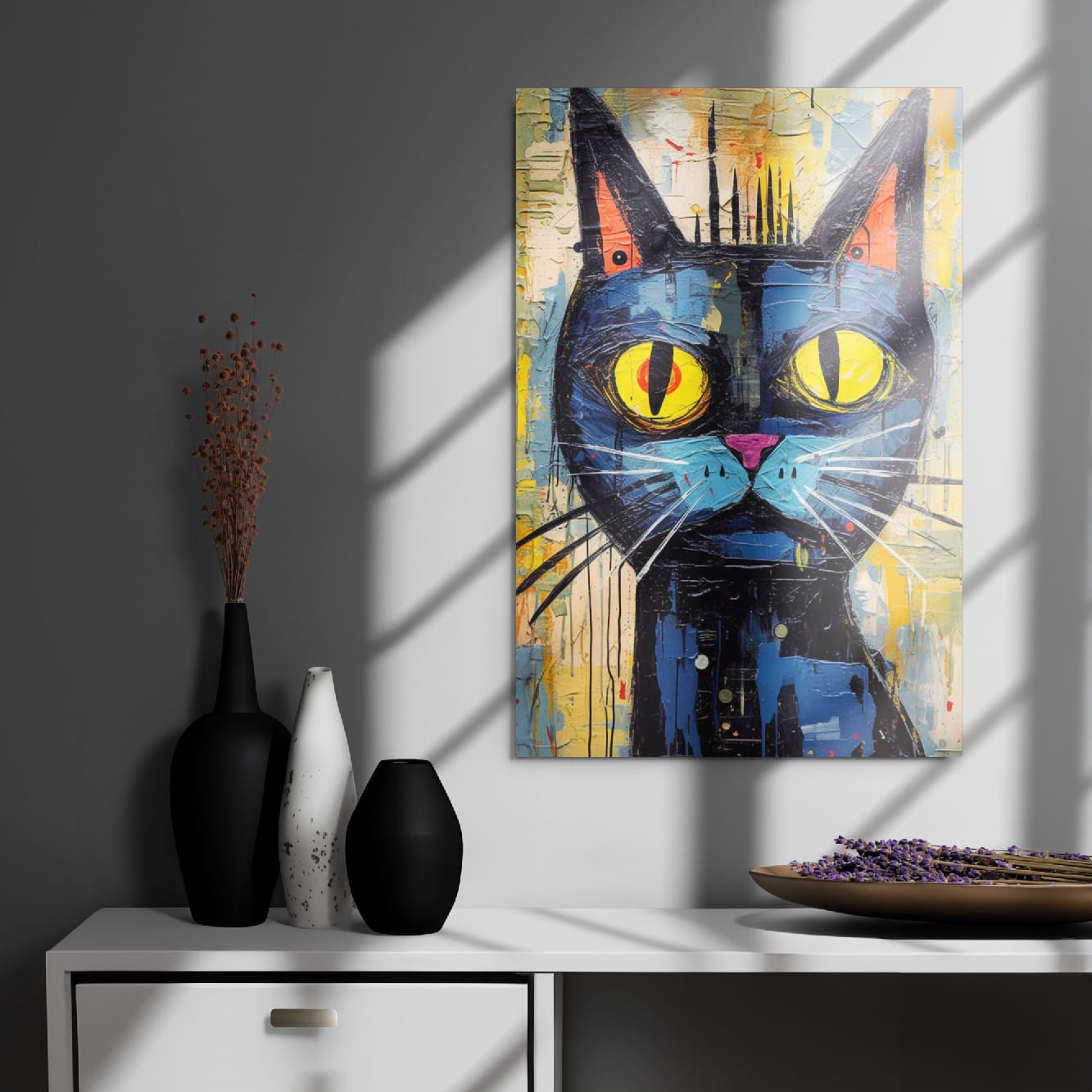 "Saffron Eyes" glossy metal poster 20"x30" on modern gray wall above console decor with window-light shadows, bold graffiti cat print with saffron-yellow eyes and distressed paint-texture background, by GiveMeMood
