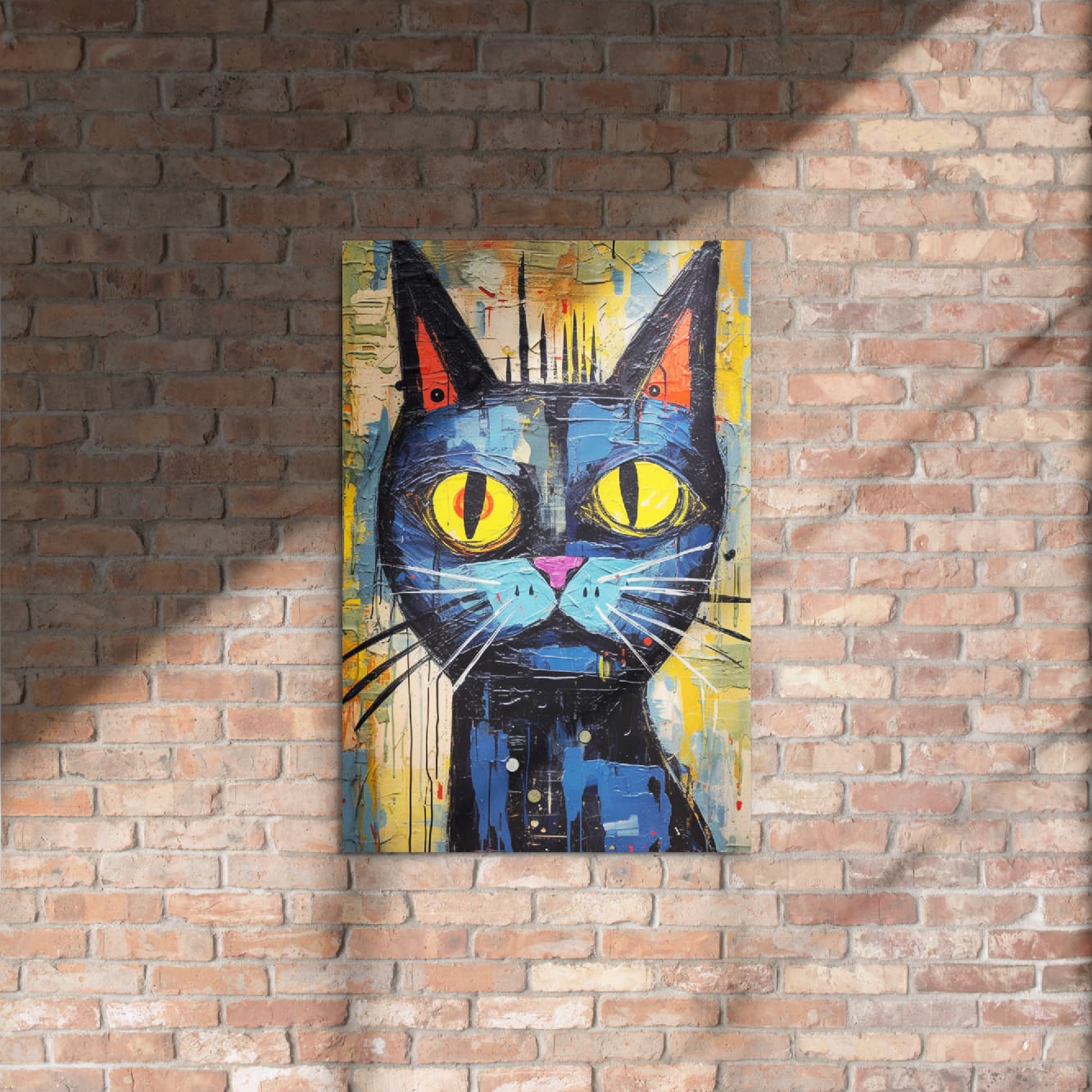 "Saffron Eyes" glossy metal poster 20"x30" on rustic brick wall with sun shadows, graffiti blue cat portrait with saffron-yellow eyes, turquoise muzzle, pink nose, and distressed paint-texture background, by GiveMeMood