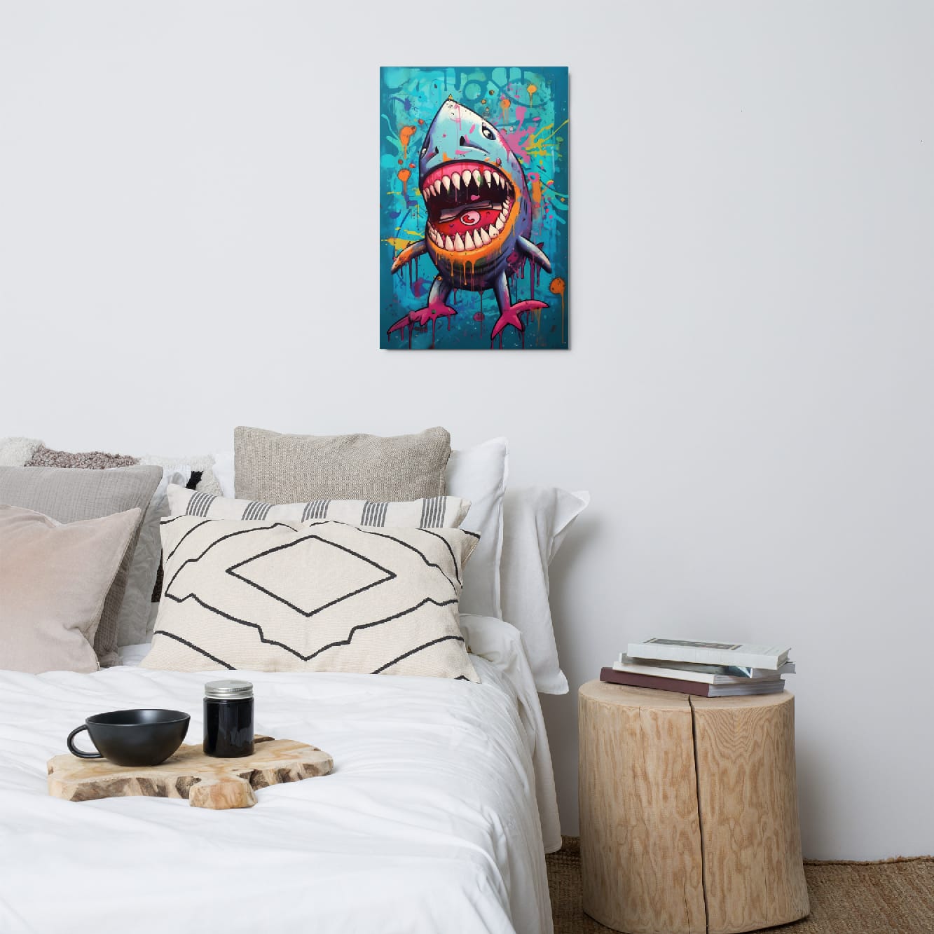 "Neon Bite" glossy metal poster 20"x30" above bed in a modern bedroom, vibrant street-art shark wall decor with gaping mouth, jagged teeth, neon drips, and turquoise graffiti splash background, by GiveMeMood