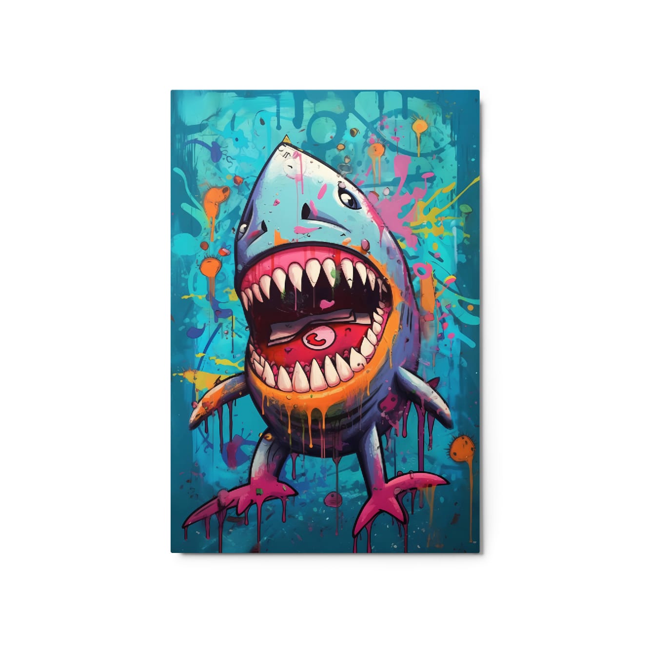 "Neon Bite" glossy metal poster 20"x30" product photo on white background, close-up pop-art graffiti shark with huge open jaws, sharp teeth, pink tongue, and bright teal paint-splatter wall-art style, by GiveMeMood