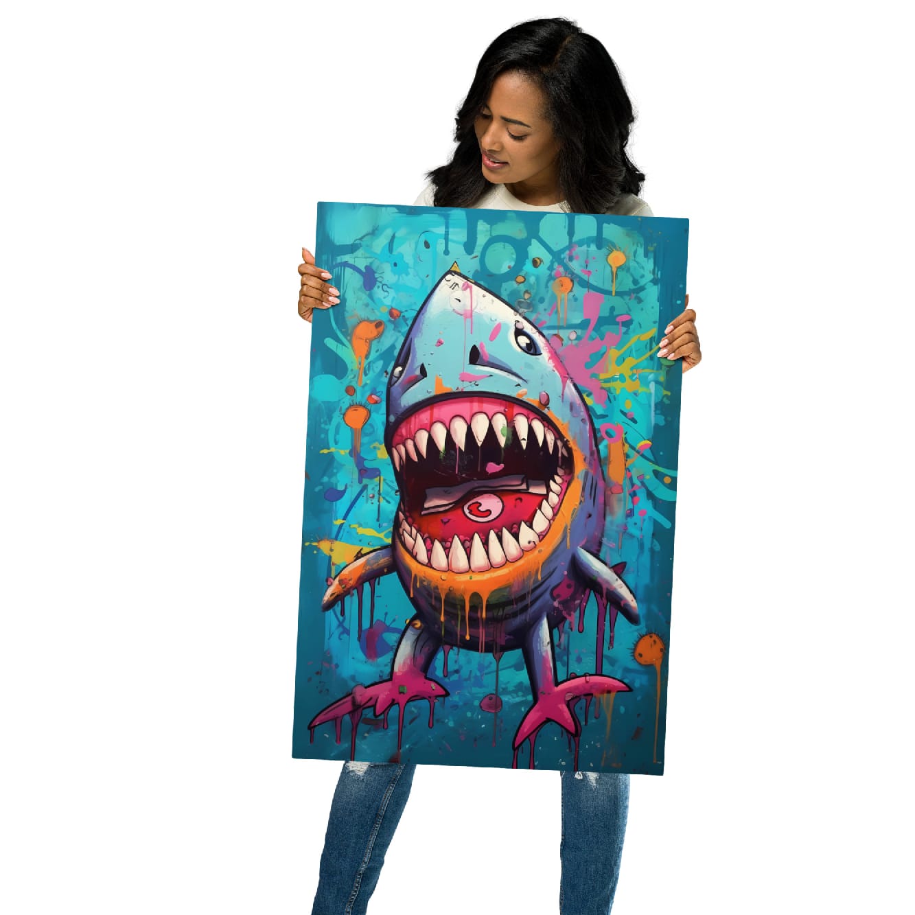 "Neon Bite" glossy metal poster 20"x30" held by model, oversized graffiti shark pop-art metal print with teal backdrop, bold paint splashes, dripping neon accents, and open-mouth bite design, by GiveMeMood