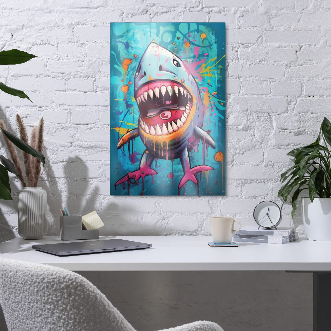 "Neon Bite" glossy metal poster 20"x30" in a home office above desk on white brick wall, colorful graffiti shark print with neon drips, teal background, and bold paint-splash street-art texture, by GiveMeMood