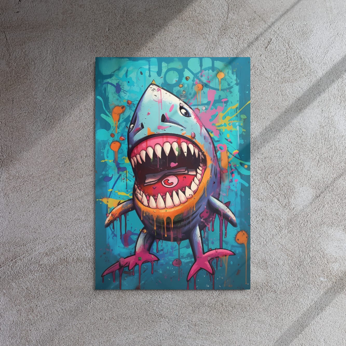 "Neon Bite" glossy metal poster 20"x30" on textured concrete wall with diagonal window-light shadows, urban graffiti shark pop-art artwork with open bite, sharp teeth, and turquoise paint-splatter background, by GiveMeMood