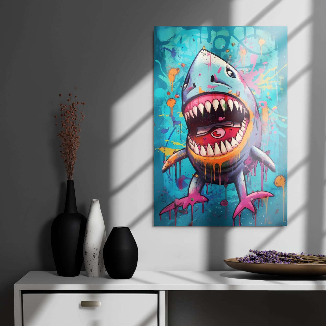 "Neon Bite" glossy metal poster 20"x30" on modern gray wall above console decor with window-light shadows, vibrant street-art shark metal print with gaping mouth, neon paint drips, and teal graffiti splash backdrop, by GiveMeMood