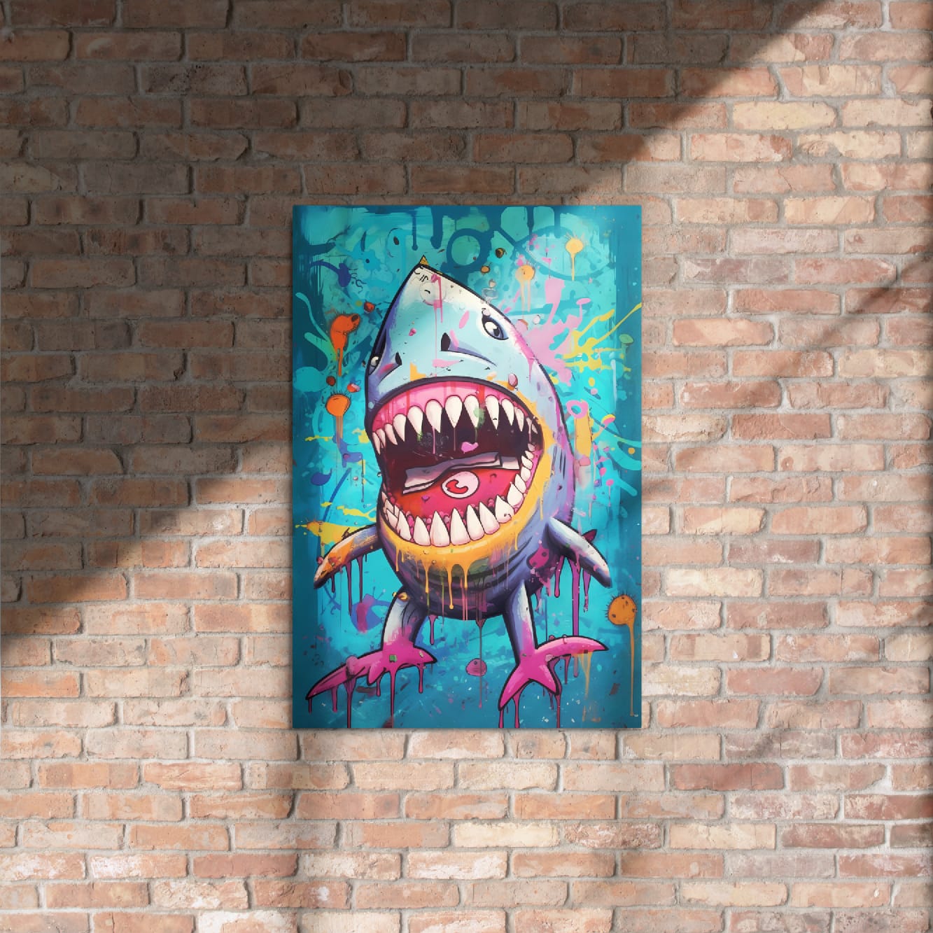 "Neon Bite" glossy metal poster 20"x30" on rustic brick wall with sun shadows, graffiti shark pop-art print with wide-open jaws, sharp white teeth, pink tongue, and teal paint-splatter background, by GiveMeMood