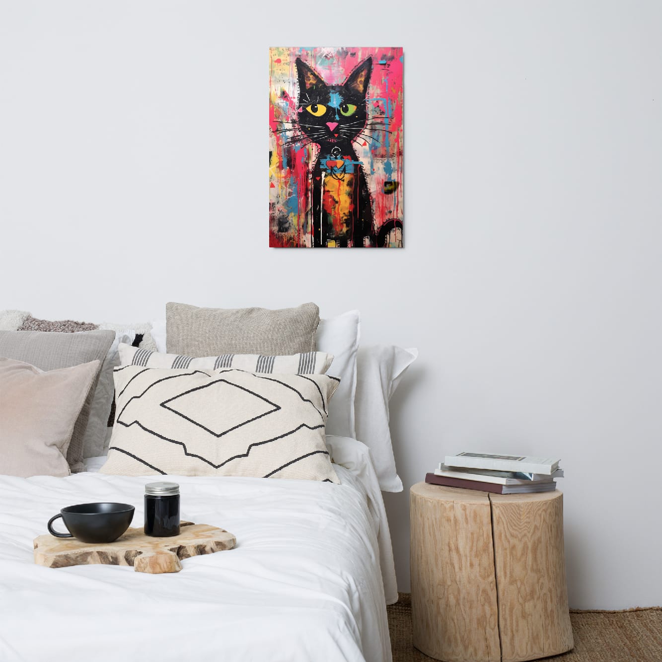 "Whisker Riot" glossy metal poster 20"x30" above bed in a modern bedroom, vibrant graffiti cat wall art with mismatched eyes, dripping paint, and hot-pink/teal splashes, by GiveMeMood