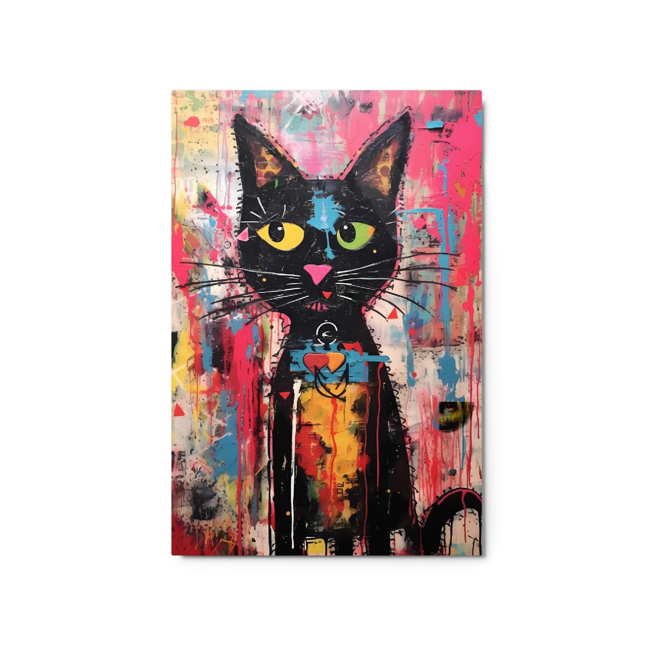 "Whisker Riot" glossy metal poster 20"x30" product photo on white background, colorful street-art cat print with black silhouette, yellow and green eyes, and layered paint-drip textures, by GiveMeMood