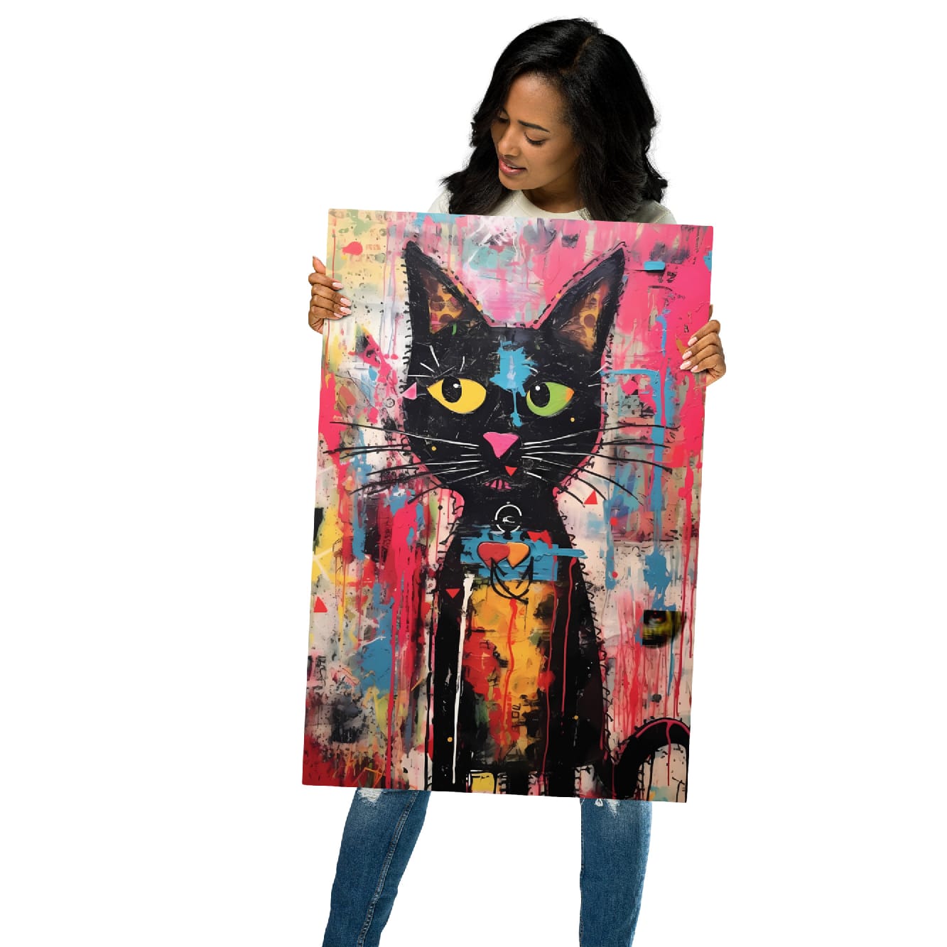 "Whisker Riot" glossy metal poster 20"x30" held by model, oversized graffiti black cat artwork with yellow-green eyes, blue paint splash on forehead, and bold pink paint drips, by GiveMeMood