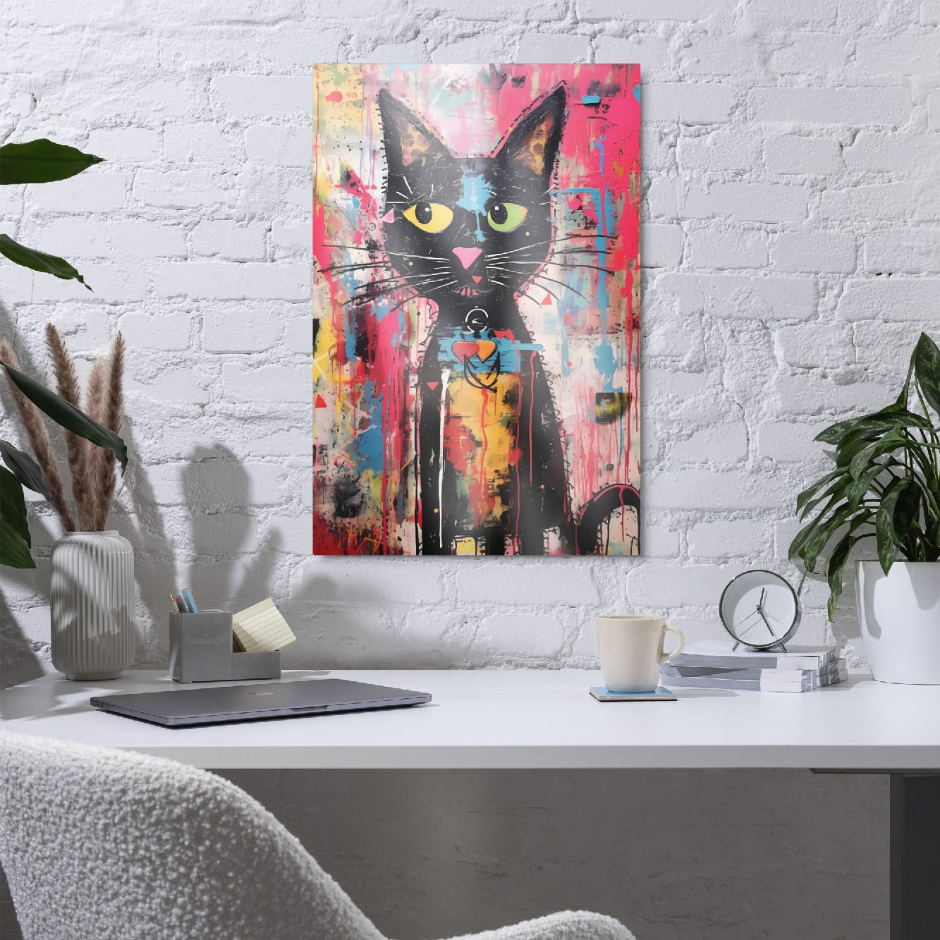 "Whisker Riot" glossy metal poster 20"x30" in a home office above desk on white brick wall, modern graffiti cat wall decor with multicolor splatter, dripping paint, and heart detail on chest, by GiveMeMood
