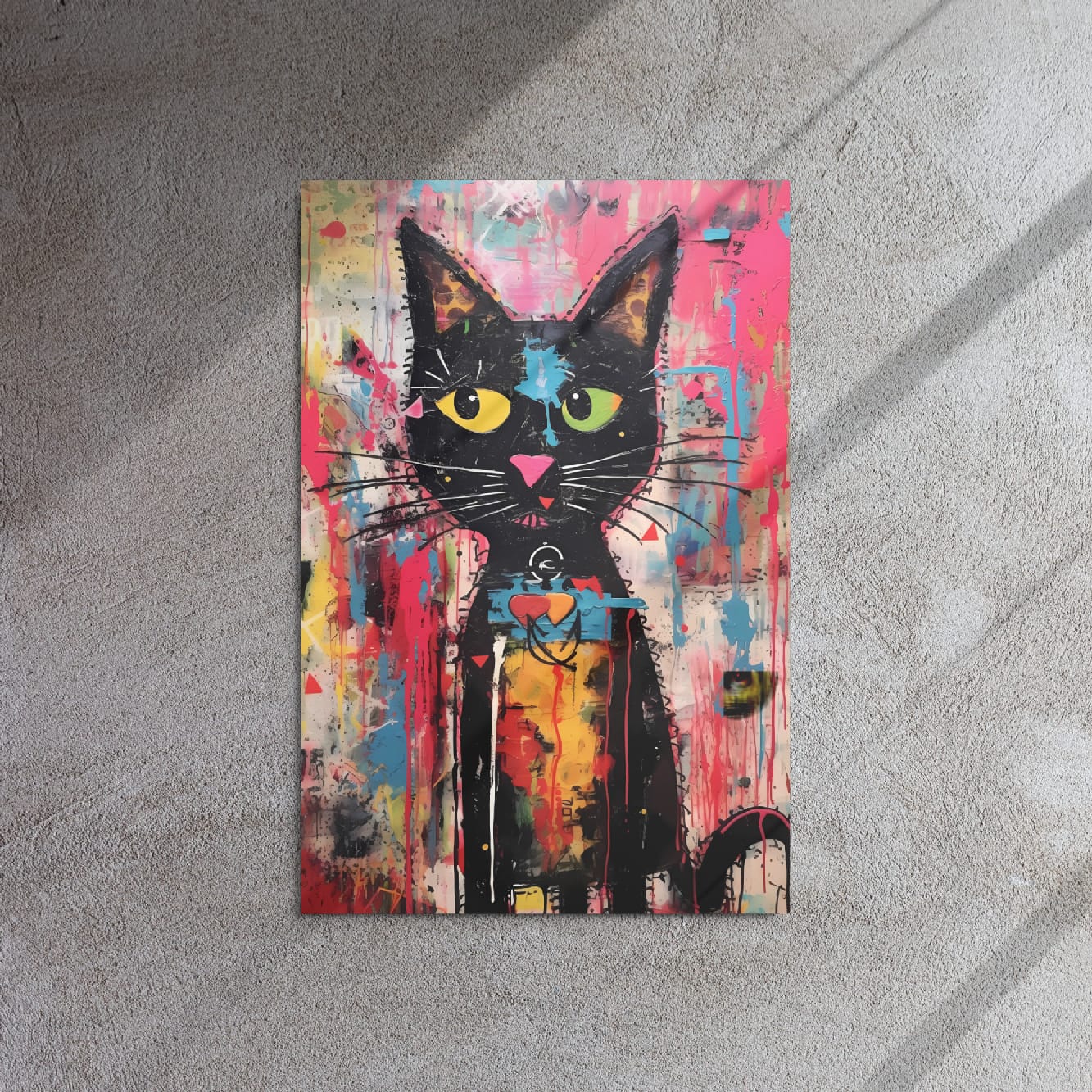 "Whisker Riot" glossy metal poster 20"x30" on textured concrete wall with diagonal light shadows, street-art black cat with bright eyes, pink nose, and layered paint-splatter collage background, by GiveMeMood