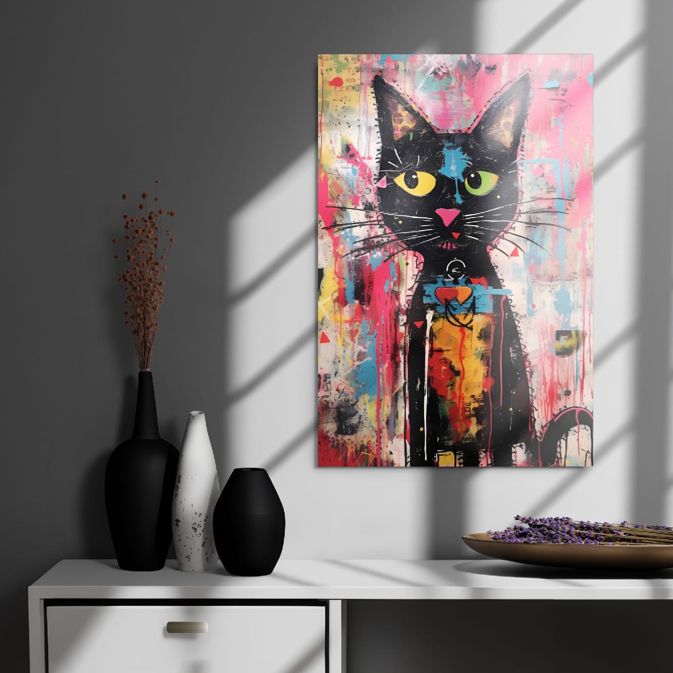 "Whisker Riot" glossy metal poster 20"x30" on modern gray wall above console decor with window-light shadows, bold graffiti cat portrait with neon pink splashes and dripping paint, by GiveMeMood
