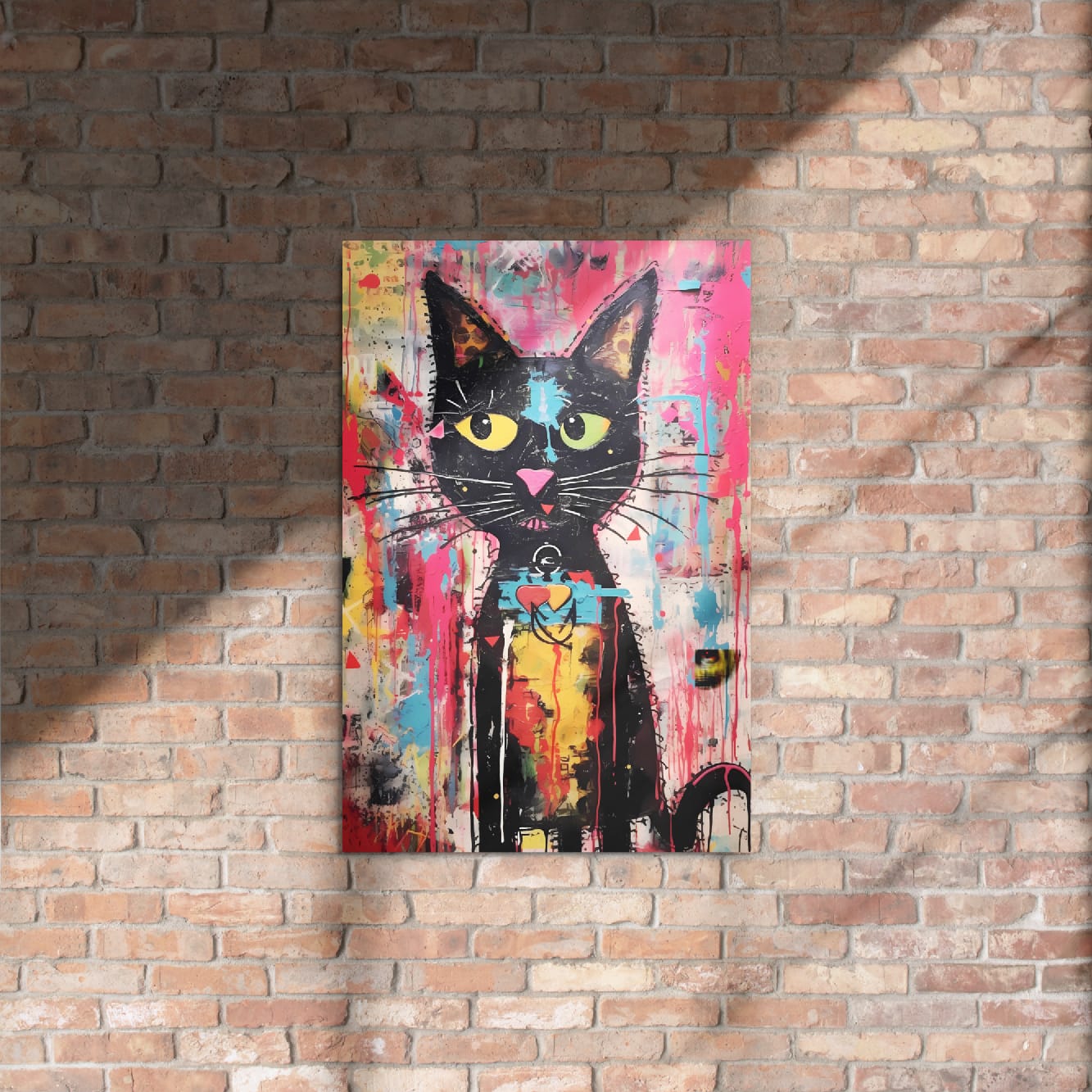 "Whisker Riot" glossy metal poster 20"x30" on rustic brick wall with sun shadows, street-art black cat with yellow-and-green eyes, pink nose, and bright paint-splatter background, by GiveMeMood