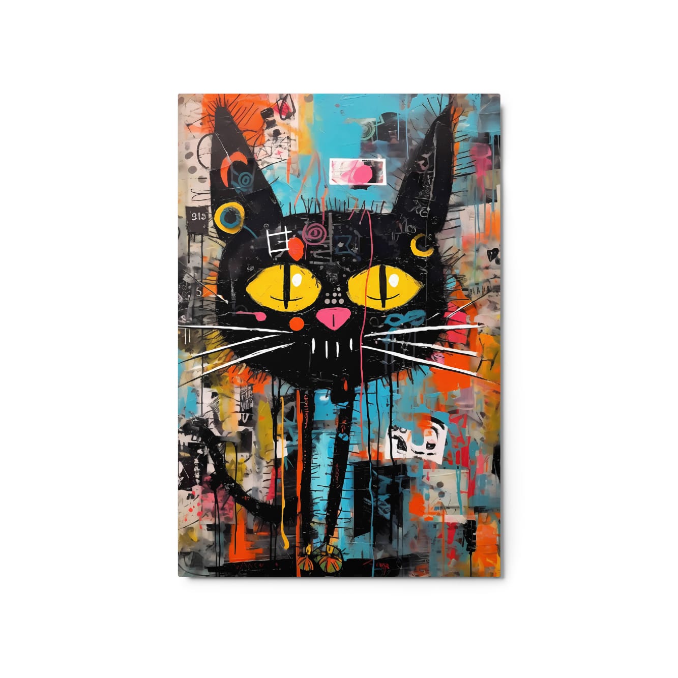 "Yellow-Eyed Stray" glossy metal poster 20"x30" product photo on white background, street-art cat portrait with yellow eyes, bold whiskers, and vibrant teal-orange graffiti textures, by GiveMeMood