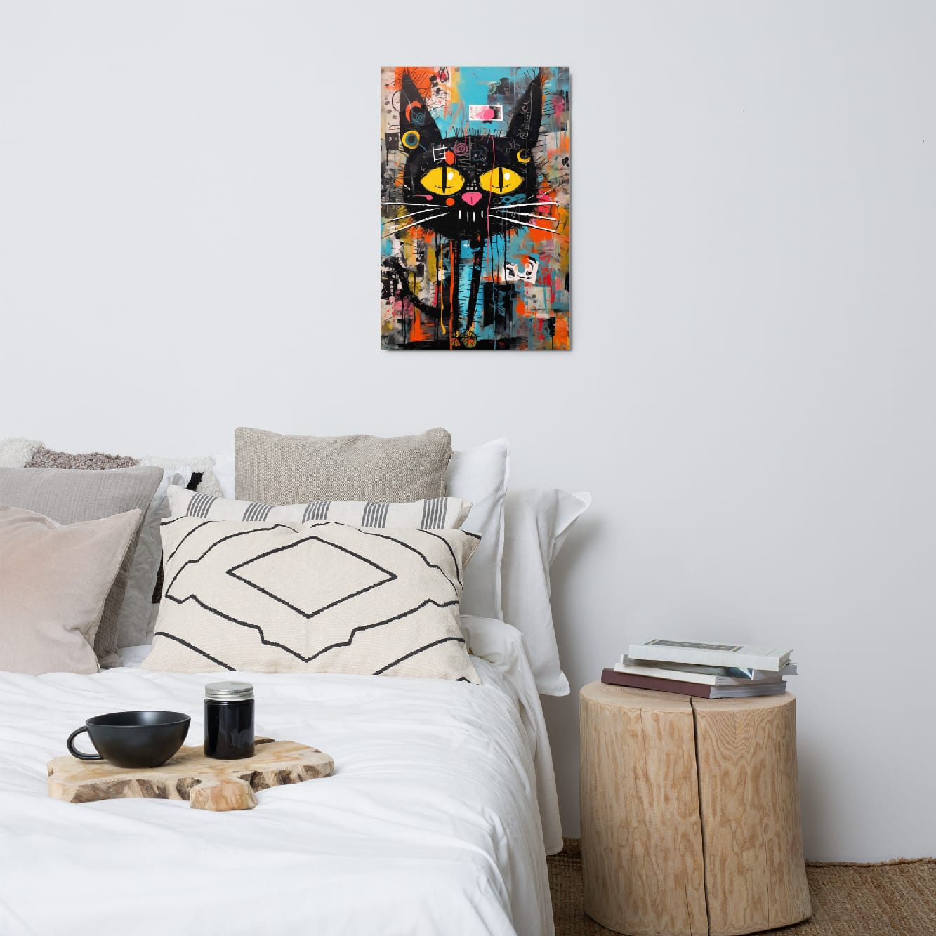 "Yellow-Eyed Stray" glossy metal poster 20"x30" above bed in a modern bedroom, vibrant graffiti cat wall art with yellow eyes, dripping paint, and layered urban collage colors, by GiveMeMood