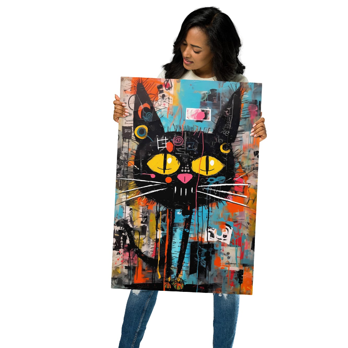 "Yellow-Eyed Stray" glossy metal poster 20"x30" held by model, oversized graffiti cat print with yellow eyes, pink nose, and paint-splatter street-art background, by GiveMeMood