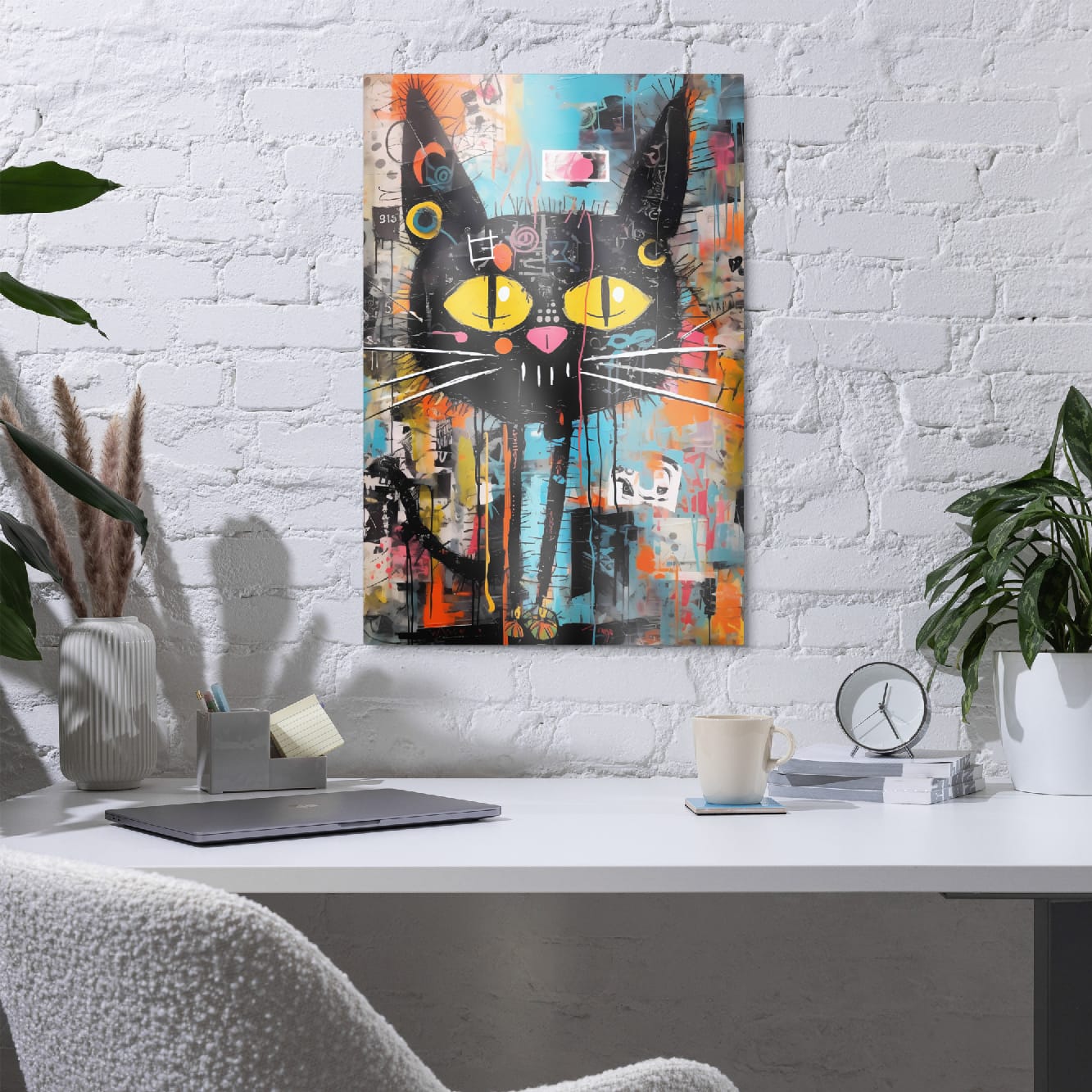 "Yellow-Eyed Stray" glossy metal poster 20"x30" in a home office above desk on white brick wall, modern graffiti cat artwork with bright yellow eyes, long whiskers, and colorful drips, by GiveMeMood