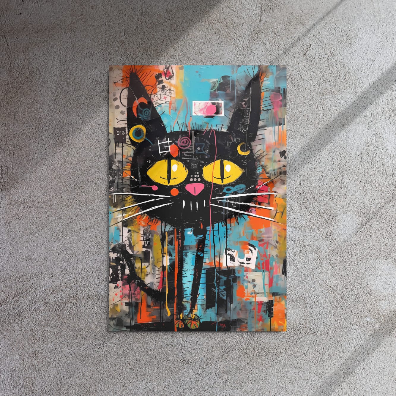"Yellow-Eyed Stray" glossy metal poster 20"x30" on textured concrete wall with diagonal light shadows, edgy street-art black cat portrait with yellow eyes and layered paint-drip collage, by GiveMeMood