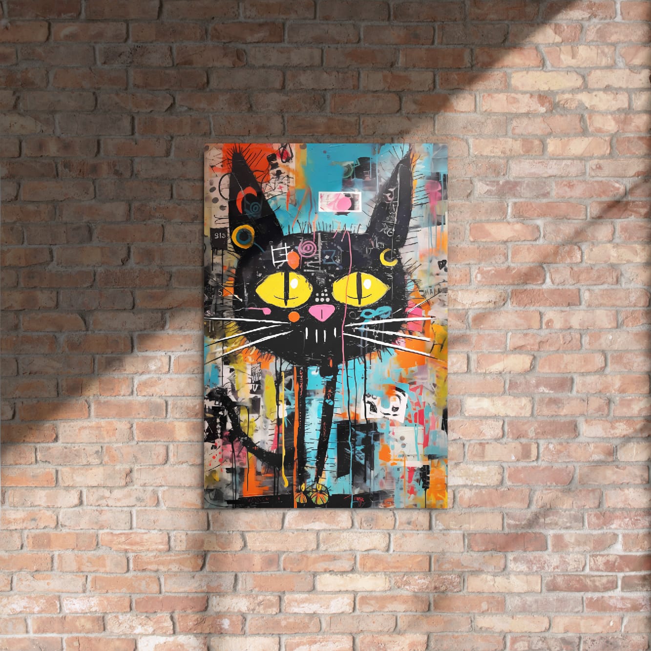 "Yellow-Eyed Stray" glossy metal poster 20"x30" on rustic brick wall with sun shadows, bold graffiti cat with yellow eyes, white whiskers, and vibrant teal-orange paint-splatter background, by GiveMeMood