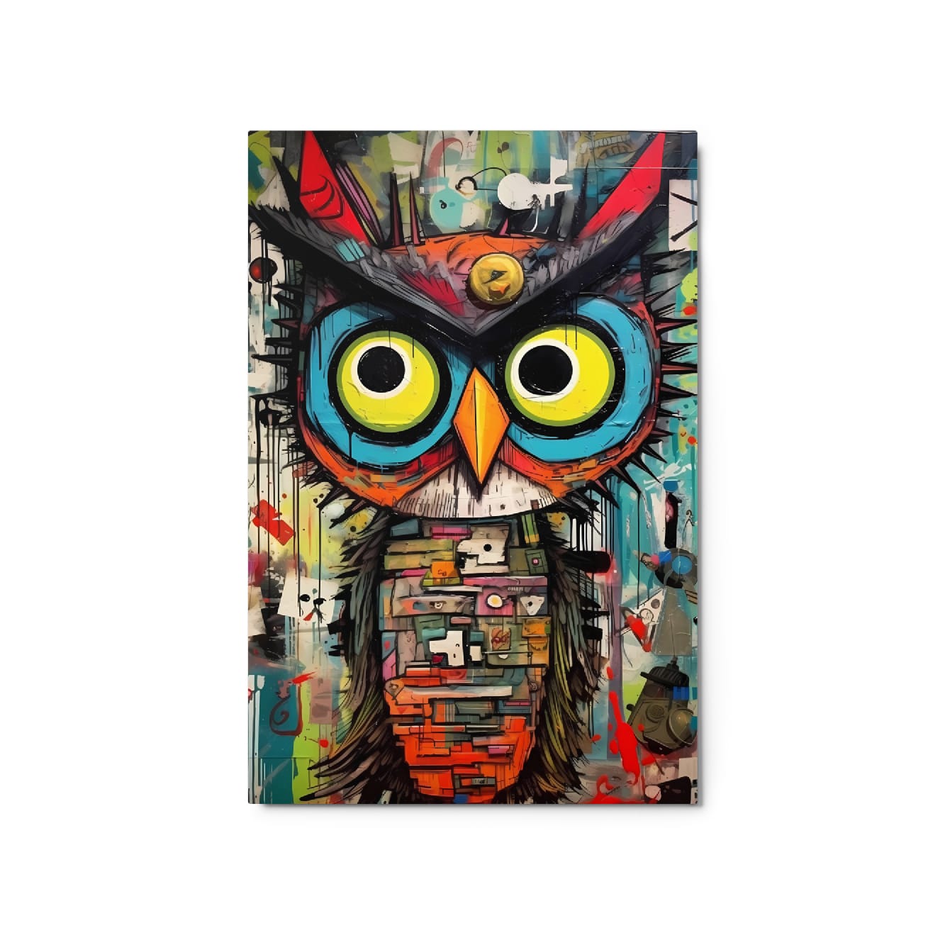 "Neon Sentinel" glossy metal poster 20"x30" product photo on white background, colorful street-art owl print with bold yellow eyes, teal-blue mask, red accents, and geometric patchwork torso, by GiveMeMood