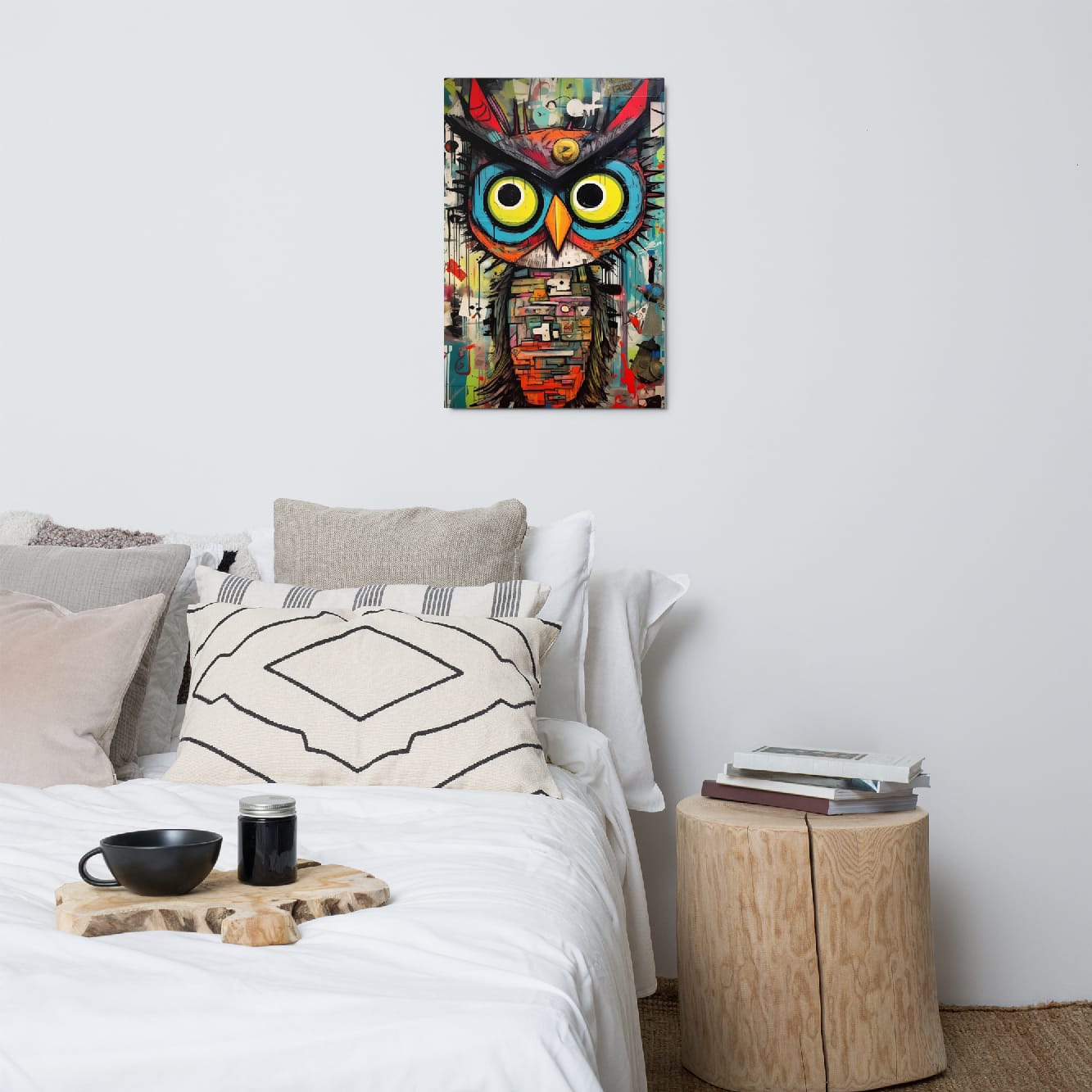 "Neon Sentinel" glossy metal poster 20"x30" above bed in a modern bedroom, vibrant graffiti owl wall art with neon yellow eyes, turquoise face, and mixed-media collage details, by GiveMeMood