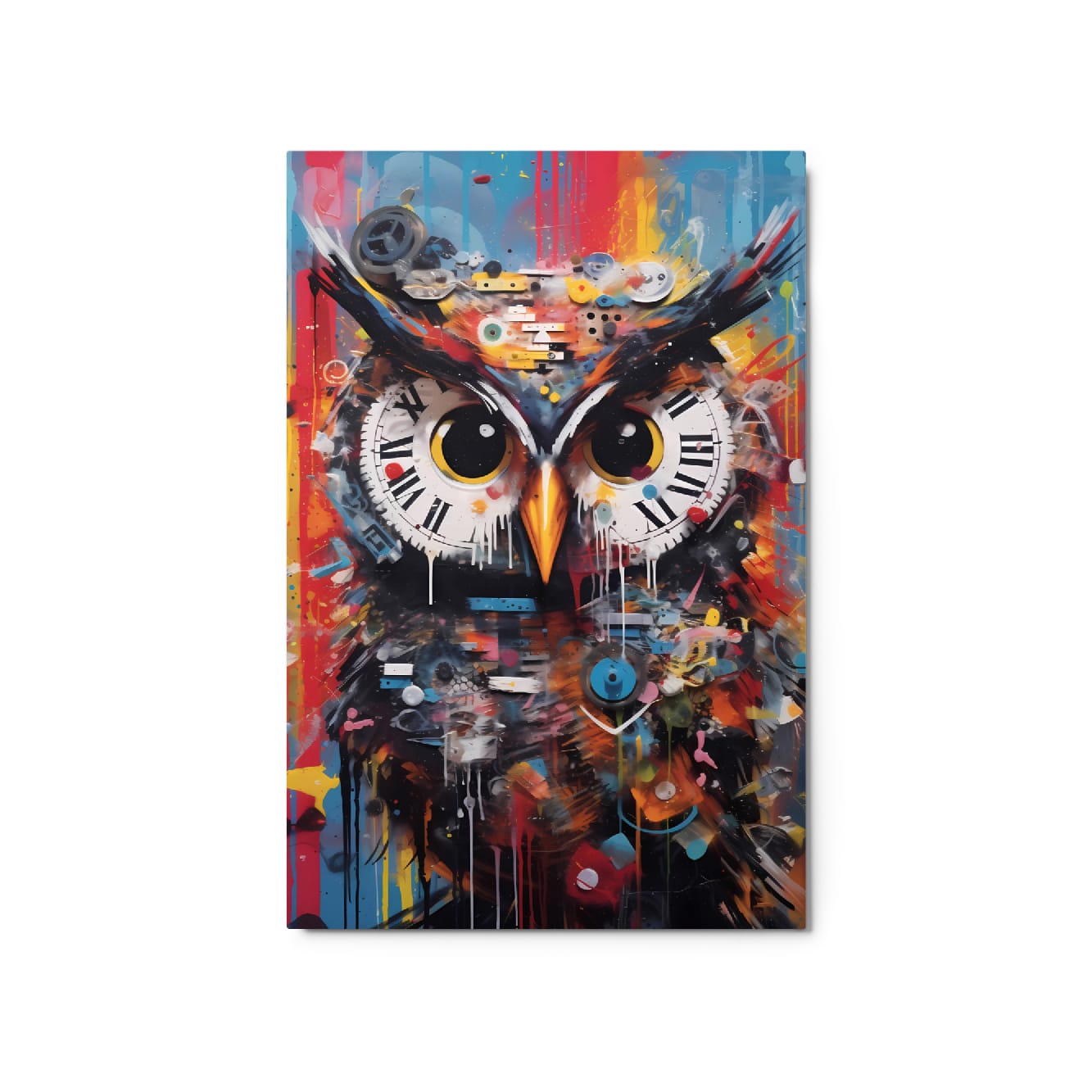 "Clockwork Owl" glossy metal poster 20"x30" product photo on white background, colorful clockwork owl portrait with roman numeral clock eyes, splattered paint, and dripping details, by GiveMeMood
