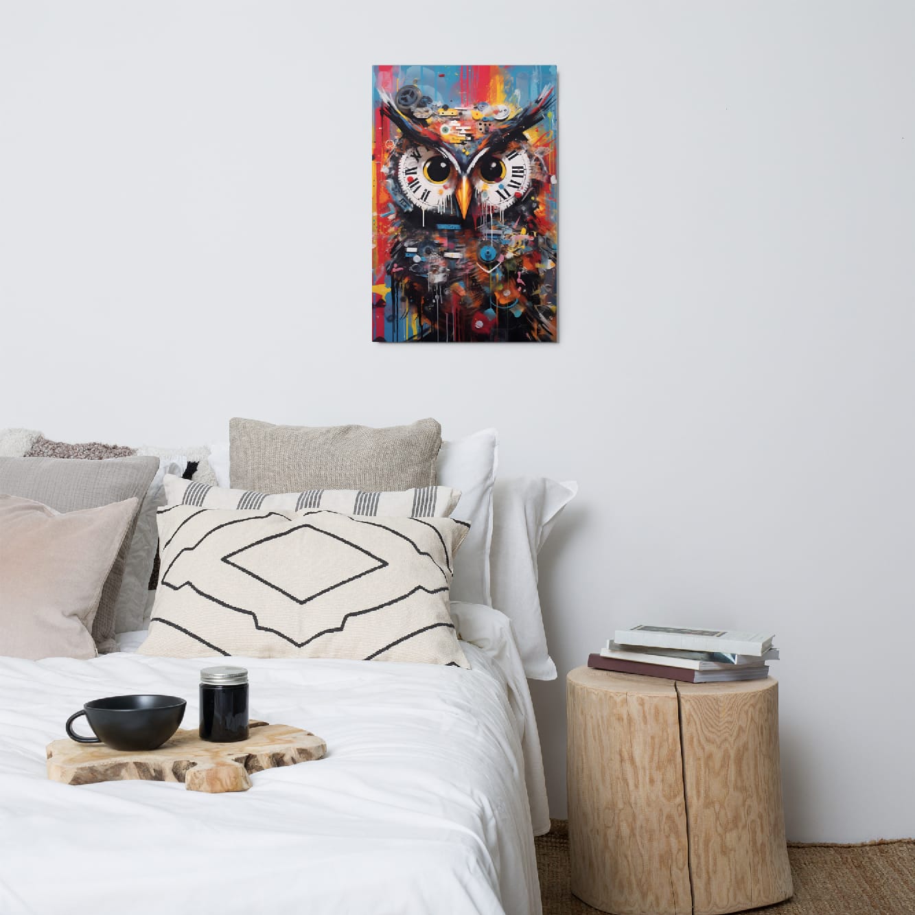 "Clockwork Owl" glossy metal poster 20"x30" above bed in a modern bedroom, bold graffiti owl wall art with clock dials, orange beak, and multicolor paint splashes, by GiveMeMood