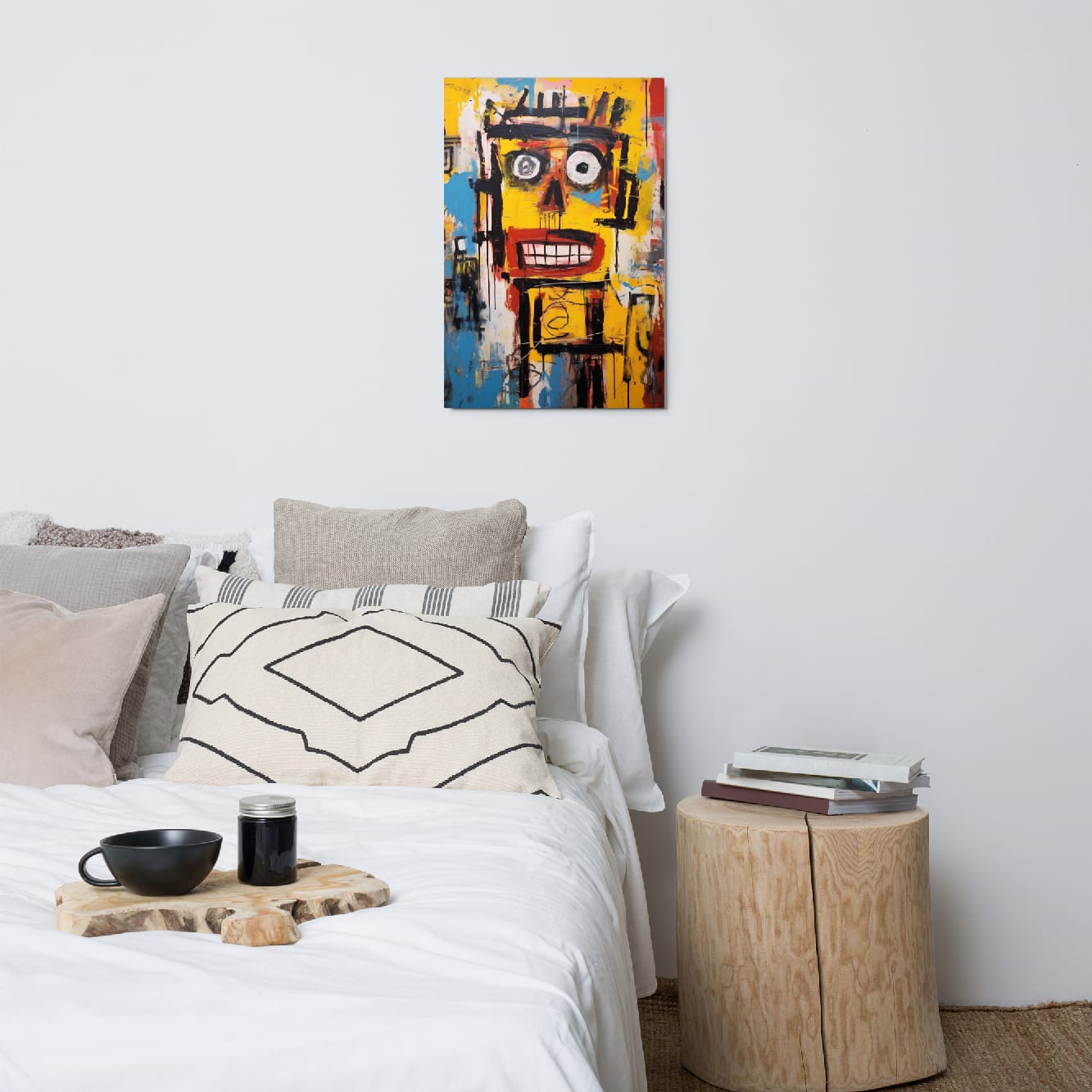"Static Smile" glossy metal poster 20"x30" product photo on white background, abstract street-art face portrait with big eyes, toothy grin, and paint drips in yellow, blue, and red, by GiveMeMood