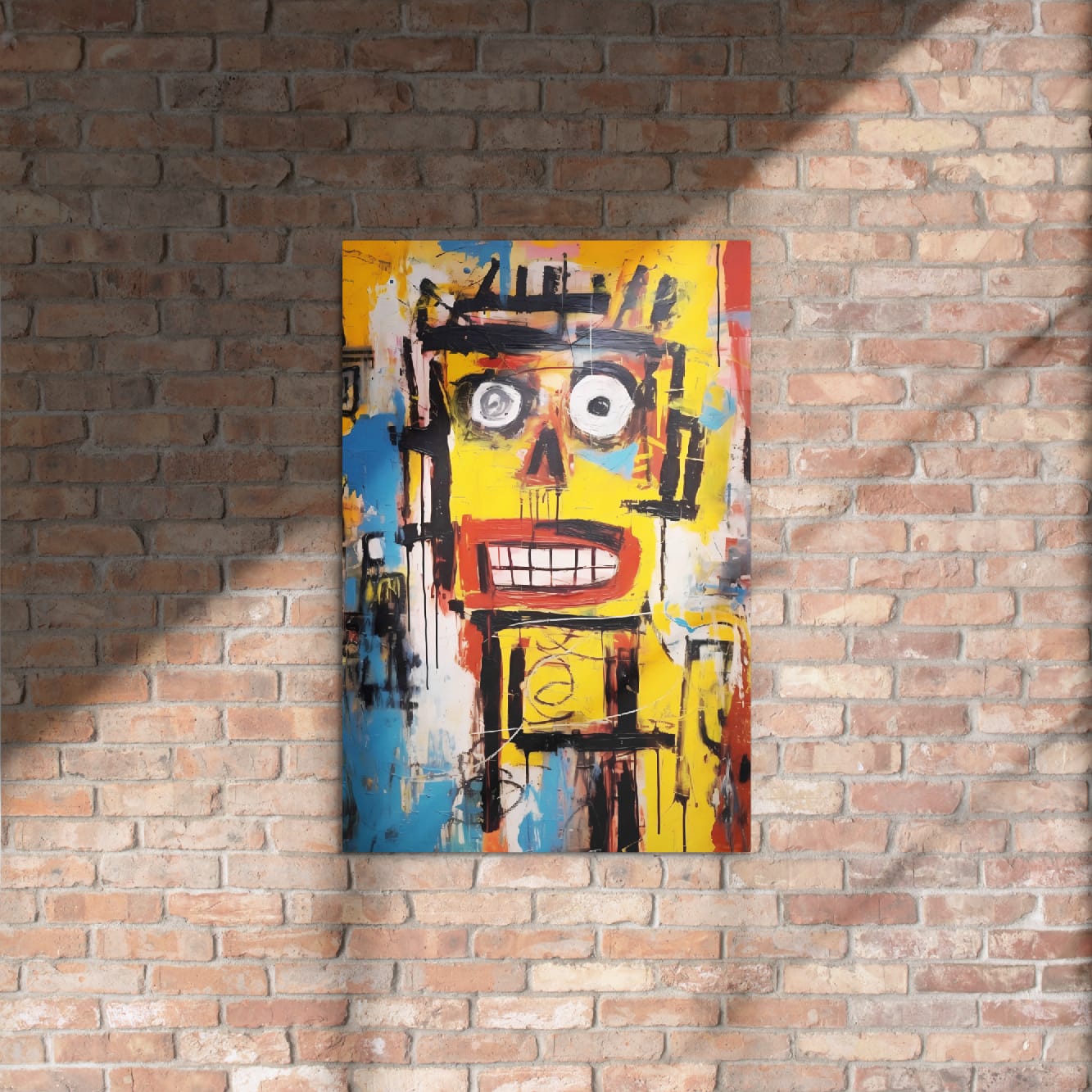 "Static Smile" glossy metal poster 20"x30" on rustic brick wall with sun shadows, abstract graffiti face artwork in bold yellow with wide toothy grin and expressive brush strokes, by GiveMeMood