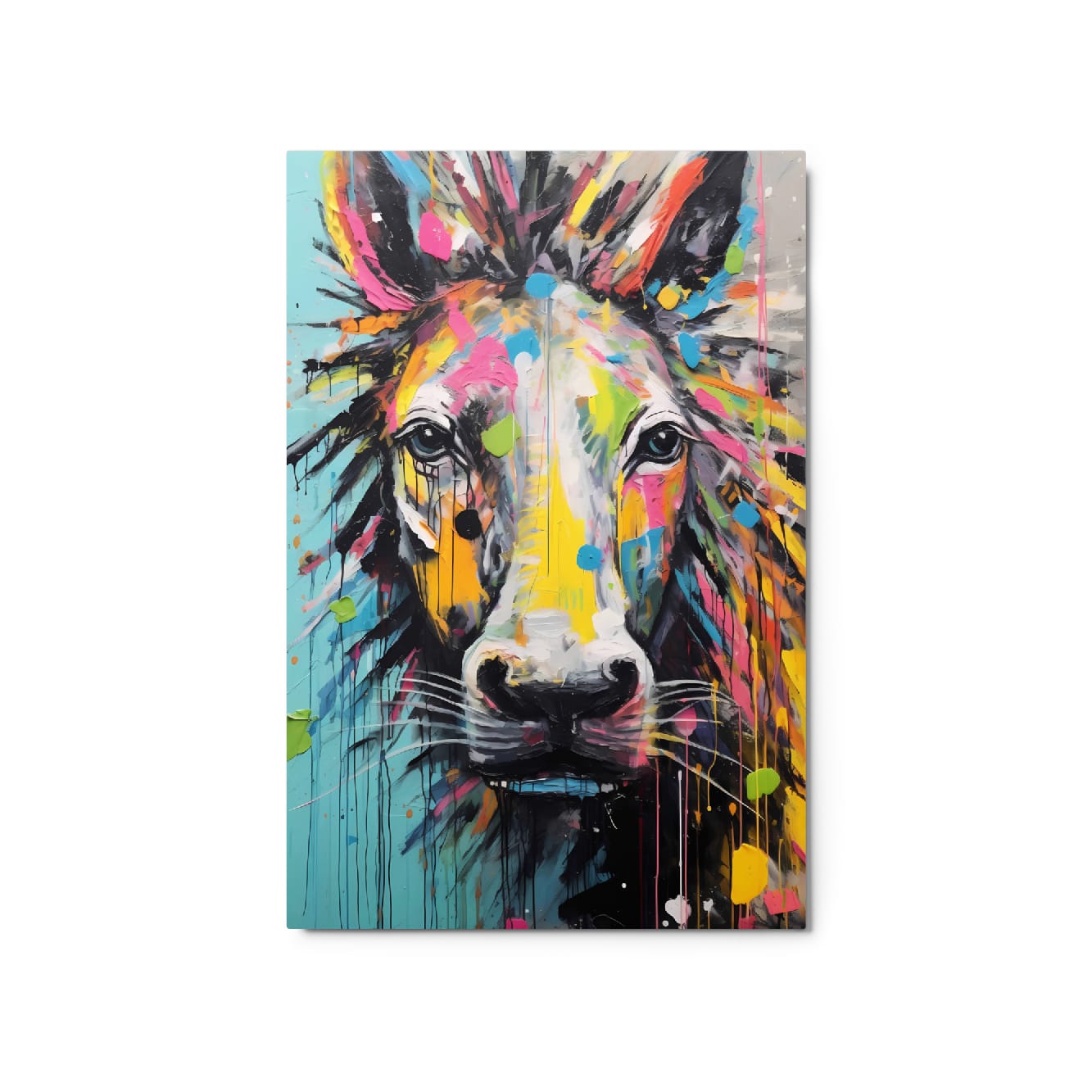 "Stallion Stare" glossy metal poster 20"x30" product photo on white background, vibrant paint-splatter horse face art print, by GiveMeMood