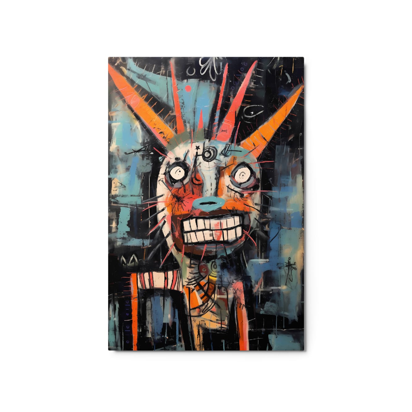 "Horned Grin" glossy metal poster 20x30" featuring a graffiti beast face with orange horns and a bold grin on white background, by GiveMeMood