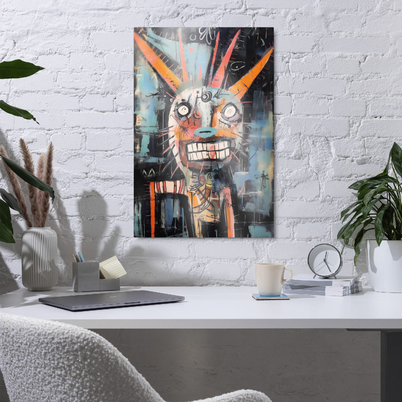 "Horned Grin" glossy metal poster 20x30" on white brick office wall, abstract horned beast portrait with bright orange horns, by GiveMeMood
