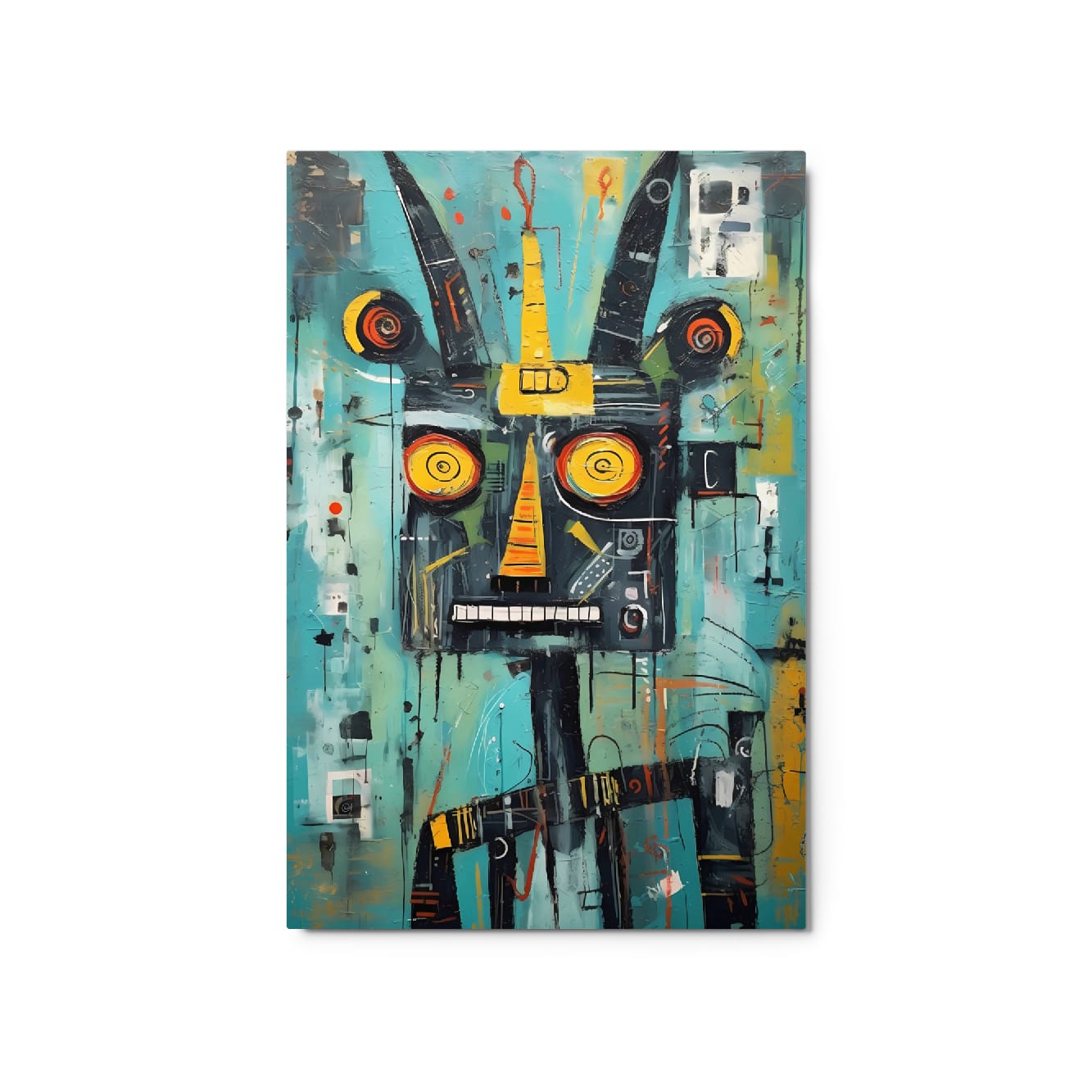 "Circuit Snarl" abstract beast pop art glossy metal poster 20x30", teal cyber mask with spiral eyes on white background, by GiveMeMood