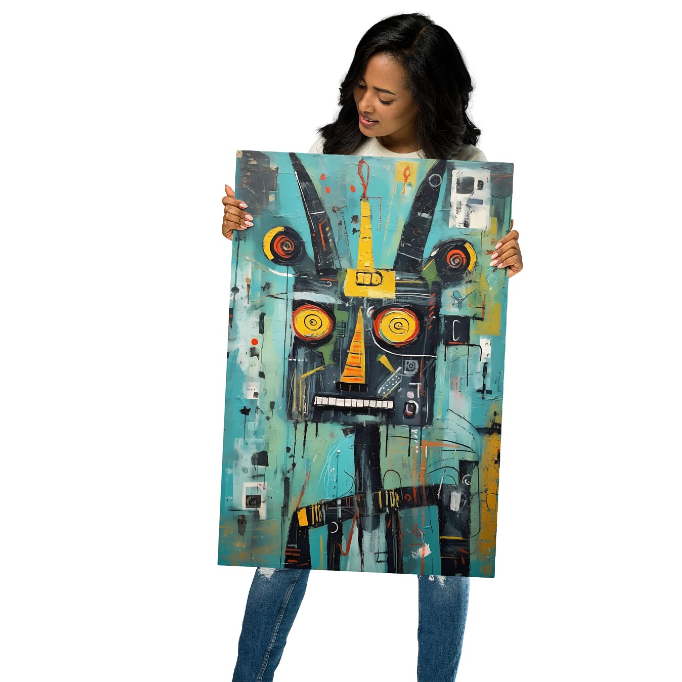 "Circuit Snarl" abstract beast pop art on glossy metal poster 20x30", model holding oversized wall art portrait, by GiveMeMood