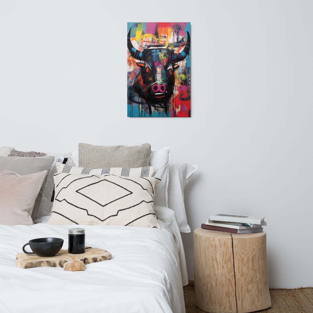 "Graffiti Bull" glossy metal wall art print 20"x30" displayed above a cozy bed in a minimalist bedroom, vibrant graffiti bull face with pink snout and dripping paint accents by GiveMeMood