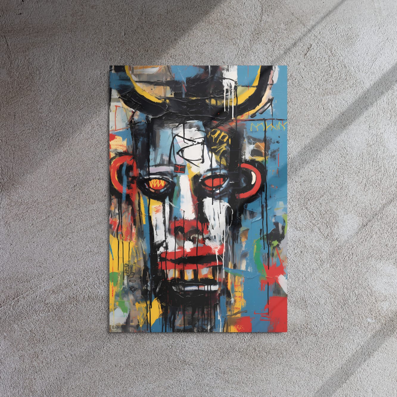 "Urban Minotaur" glossy metal wall art 20"x30" mounted on textured gray concrete wall with dramatic sunlight shadows, bold graffiti minotaur face portrait with dripping paint by GiveMeMood