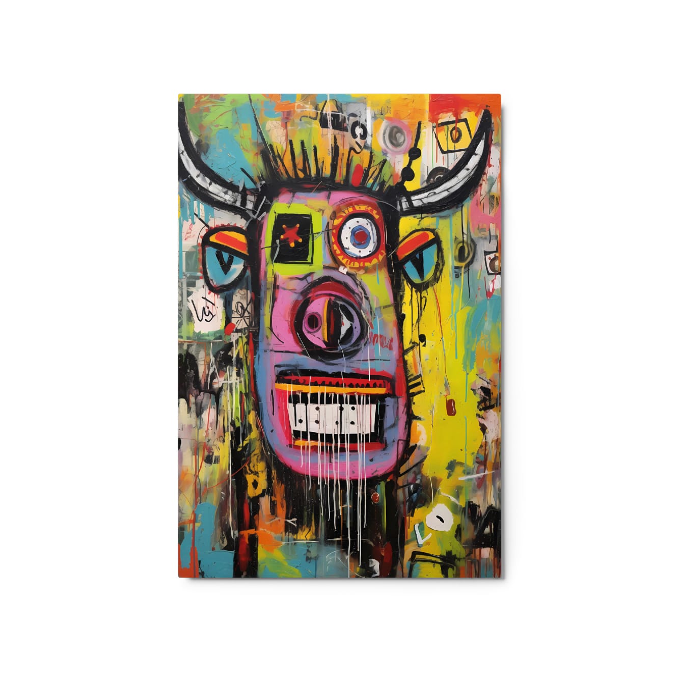 "Horned Head" street art inspired bull portrait with pink snout, asymmetrical blue eyes, grinning teeth and spiky hair on chaotic yellow and turquoise graffiti background, glossy metal art print 20″×30″ by GiveMeMood