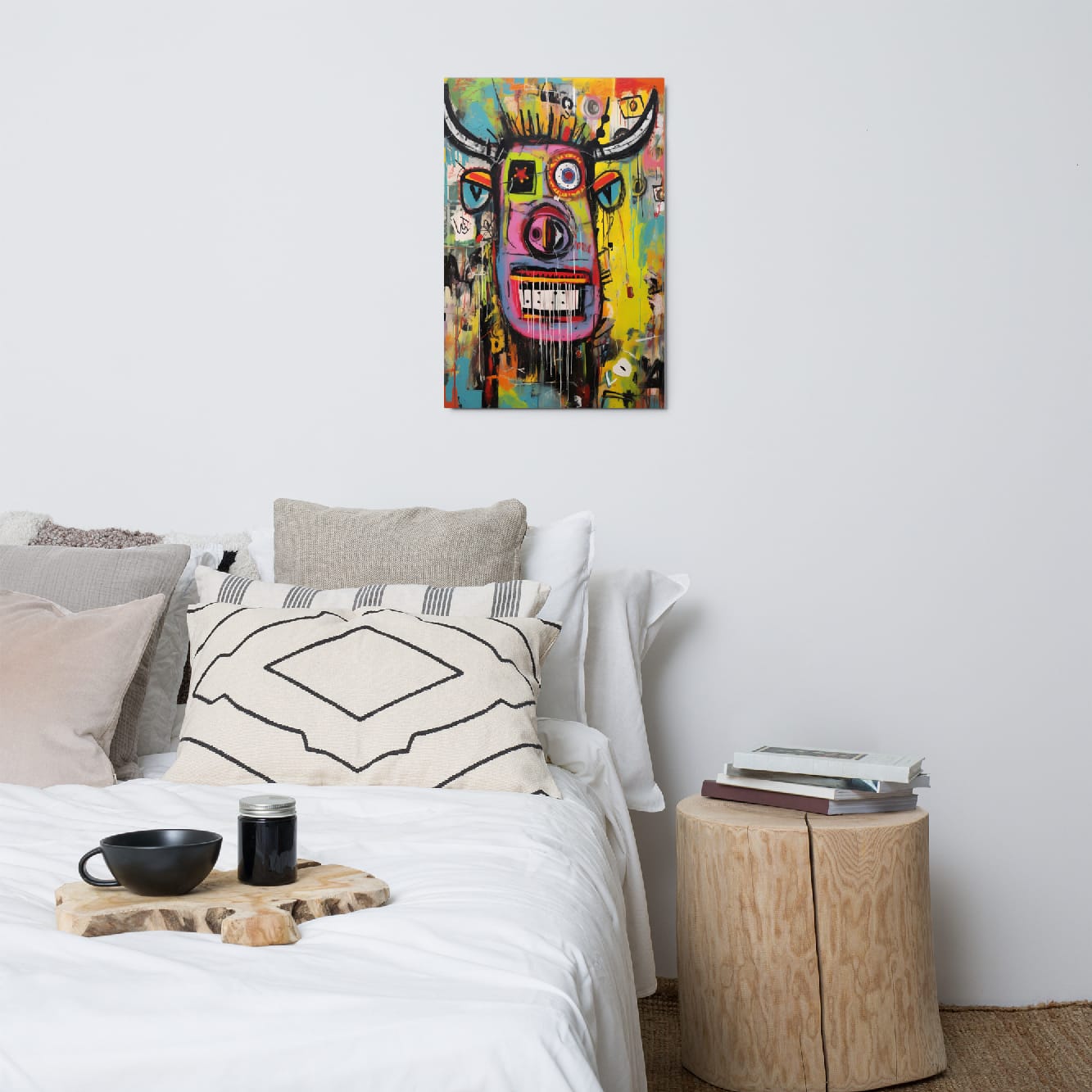 "Horned Head" expressive longhorn wall art 20″×30″ displayed above comfortable bed with neutral pillows and cozy white bedding in scandinavian style bedroom by GiveMeMood