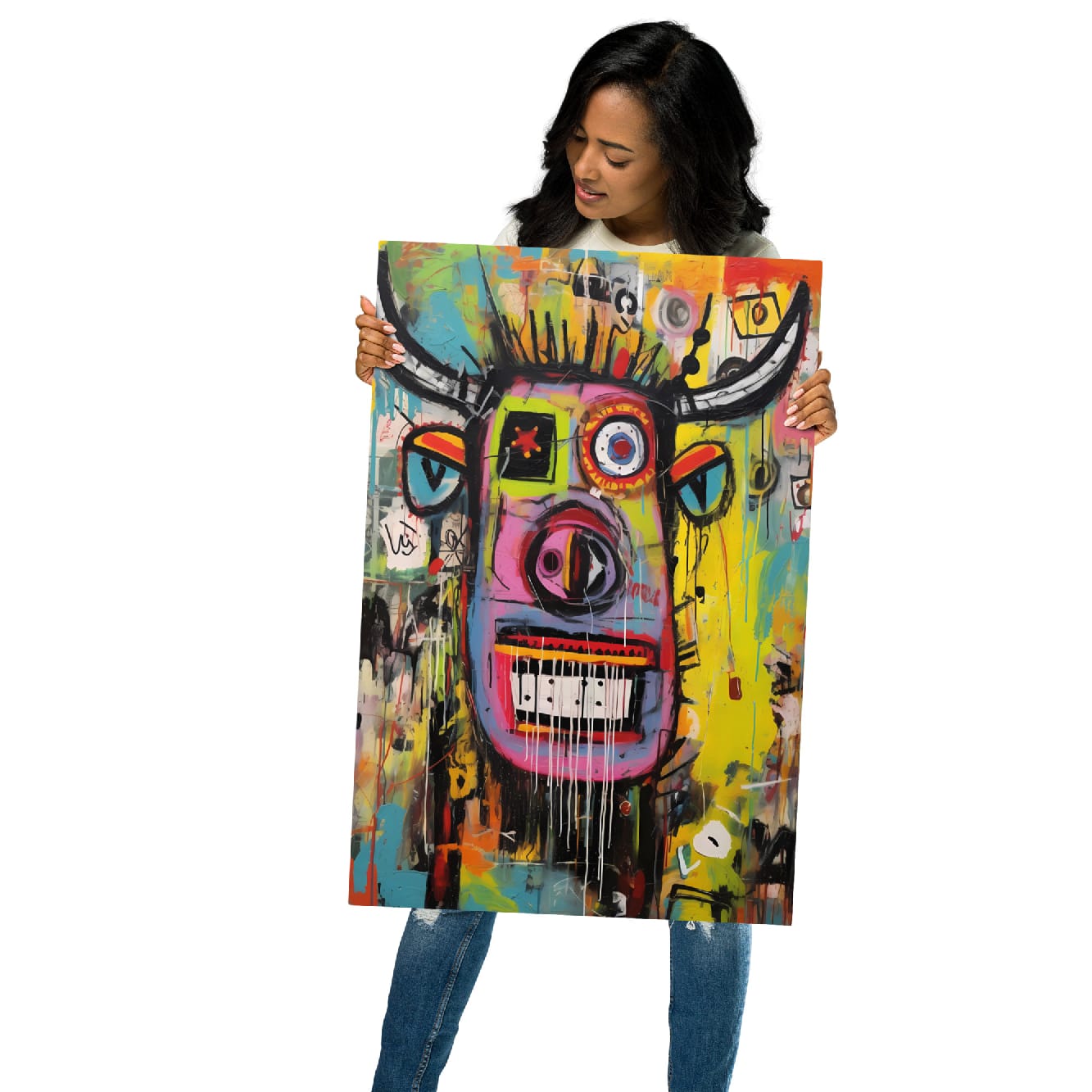 Woman holding 20″×30″ "Horned Head" glossy metal artwork featuring bold graffiti style bull with dripping paint details and vivid yellow pink teal color palette by GiveMeMood