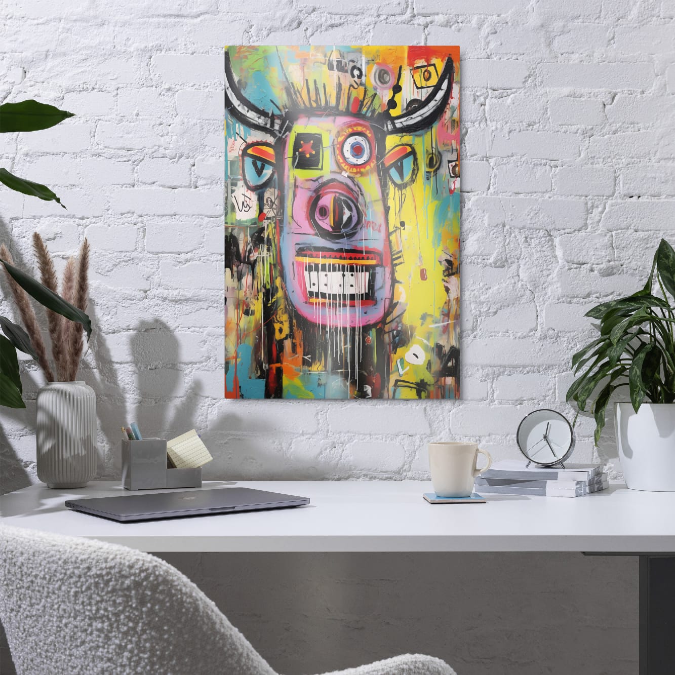 "Horned Head" vibrant neo-expressionist bull metal poster 20″×30″ on white brick wall above modern workspace with laptop, indoor plants and minimalist desk accessories by GiveMeMood