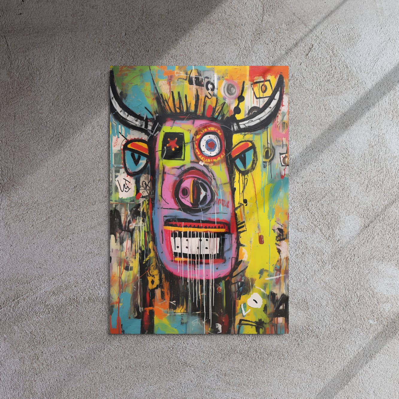 "Horned Head" abstract bull art print 20″×30″ leaning on gray concrete floor with beautiful natural sunlight and dramatic window shadows highlighting textured brushstrokes by GiveMeMood